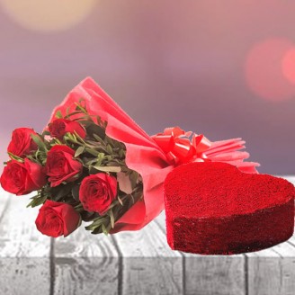 Heart shape red velvet cake with 6 red rose bunch Online cake and flower delivery in Jaipur Delivery Jaipur, Rajasthan